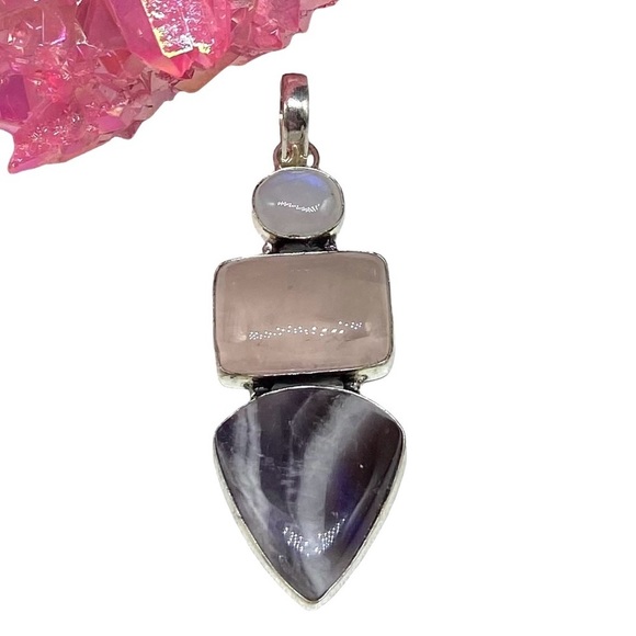Jewelry - Rose Quartz Chevron Amethyst & Rainbow Moonstone Necklace Pendant 925 Overlay